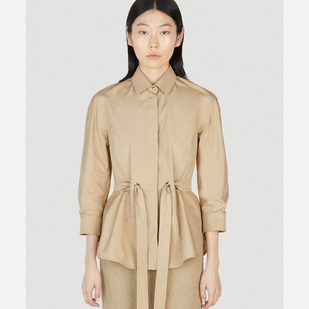Max Mara Women’s Cuneo Beige 3/4 Sleeve Cotton Peplum Waist Belted Top Size 10 - Picture 1 of 16
